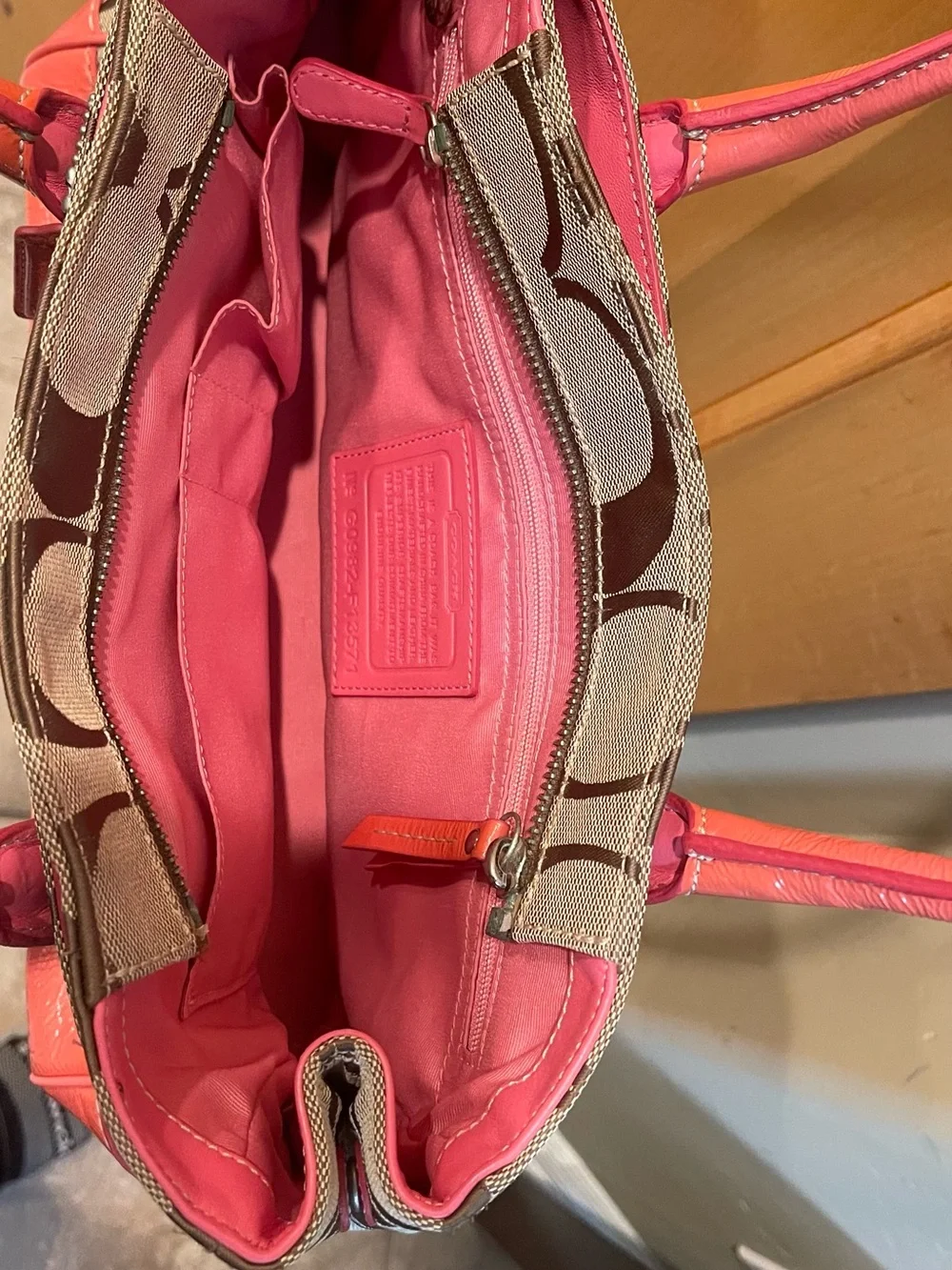 Coach Beige brown Signature Canvas Shoulder Tote with Coral pink Patent Trim